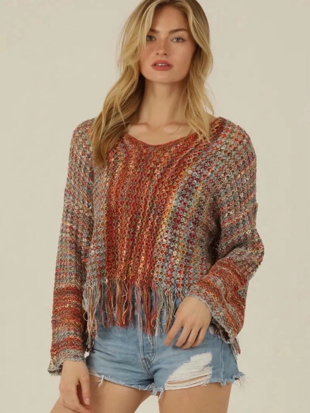 Angie Multicolor Fringe V-Neck Sweater in Rust and Heather
